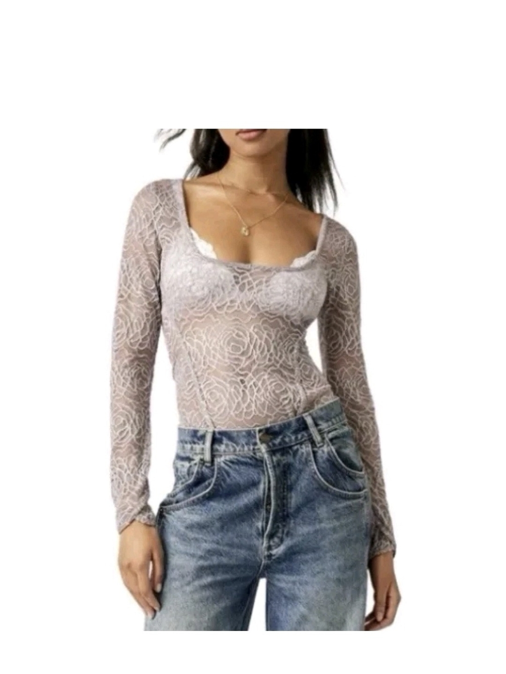 INTIMATELY FREE PEOPLE In My Head Sheer Lace Bodysuit Thimble SMALL Mauve